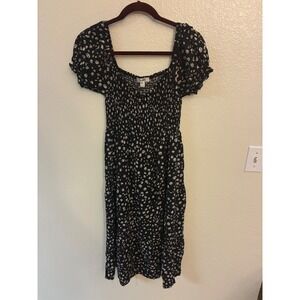 Justily Womens Black Daisy Floral Smocked Puff Sleeve Tiered Midi Dress Size M